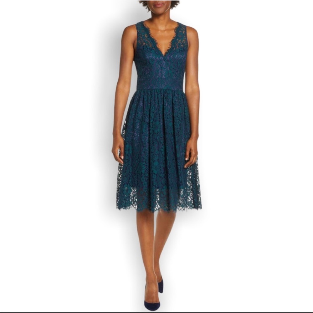 Eliza J Lace Midi Dress in Blue with Green Lace - Picture 2 of 7